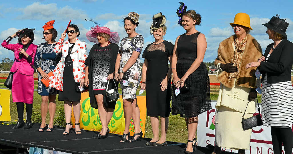 FANCY FILLIES: Nominees for Best Hat/Fascinator Division in Fashions on the Field take to the stage at the Warwick Picnic Races. FANCY FILLIES: Nominees for Best Hat/Fascinator Division in Fashions on the Field take to the stage at the Warwick Picnic Races.